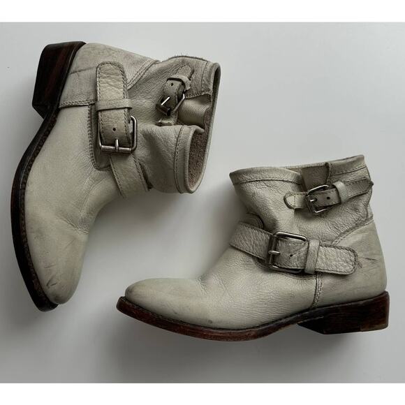 ASH Handmade Distressed Moto Buckle Slouch Grey White Ankle Boots EU37 US 6 - Picture 1 of 7